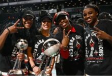 Las Vegas Aces celebrate winning the 2025 WNBA Finals, their third championship in four seasons.