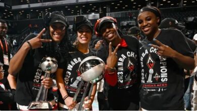 Las Vegas Aces celebrate winning the 2025 WNBA Finals, their third championship in four seasons.