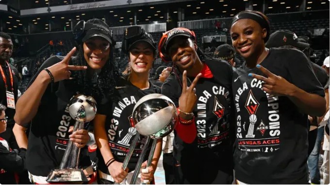 Las Vegas Aces celebrate winning the 2025 WNBA Finals, their third championship in four seasons.
