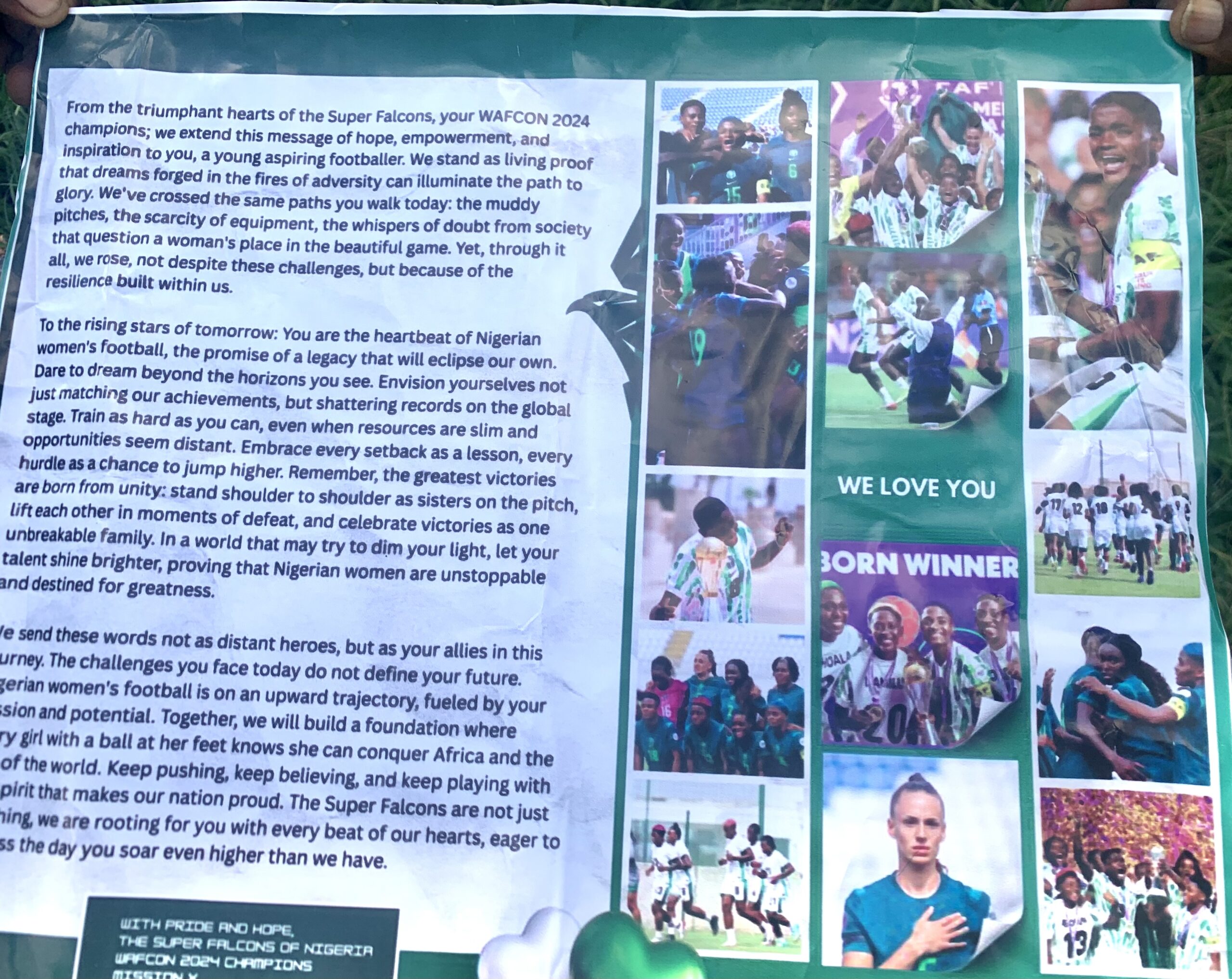 Nigeria’s Super Falcons, winners of the 2024 Women’s Africa Cup of Nations (WAFCON), have sent sports equipment and a heartfelt letter of motivation to female football academies across the country.