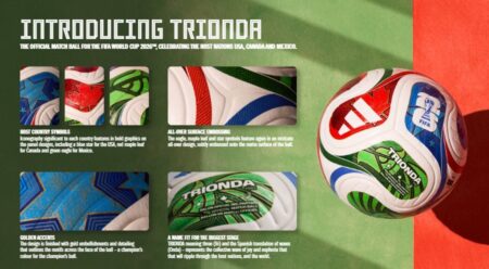 TRIONDA FIFA World Cup 2026 ball with host country symbols and golden accents.