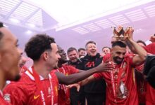 Mohamed Salah celebrating Liverpool’s Premier League title with teammates at Anfield