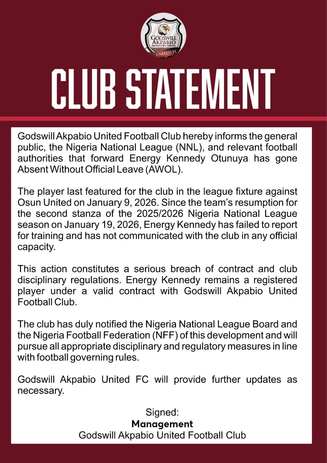 Energy Kennedy Declared AWOL by Godswill Akpabio United FC