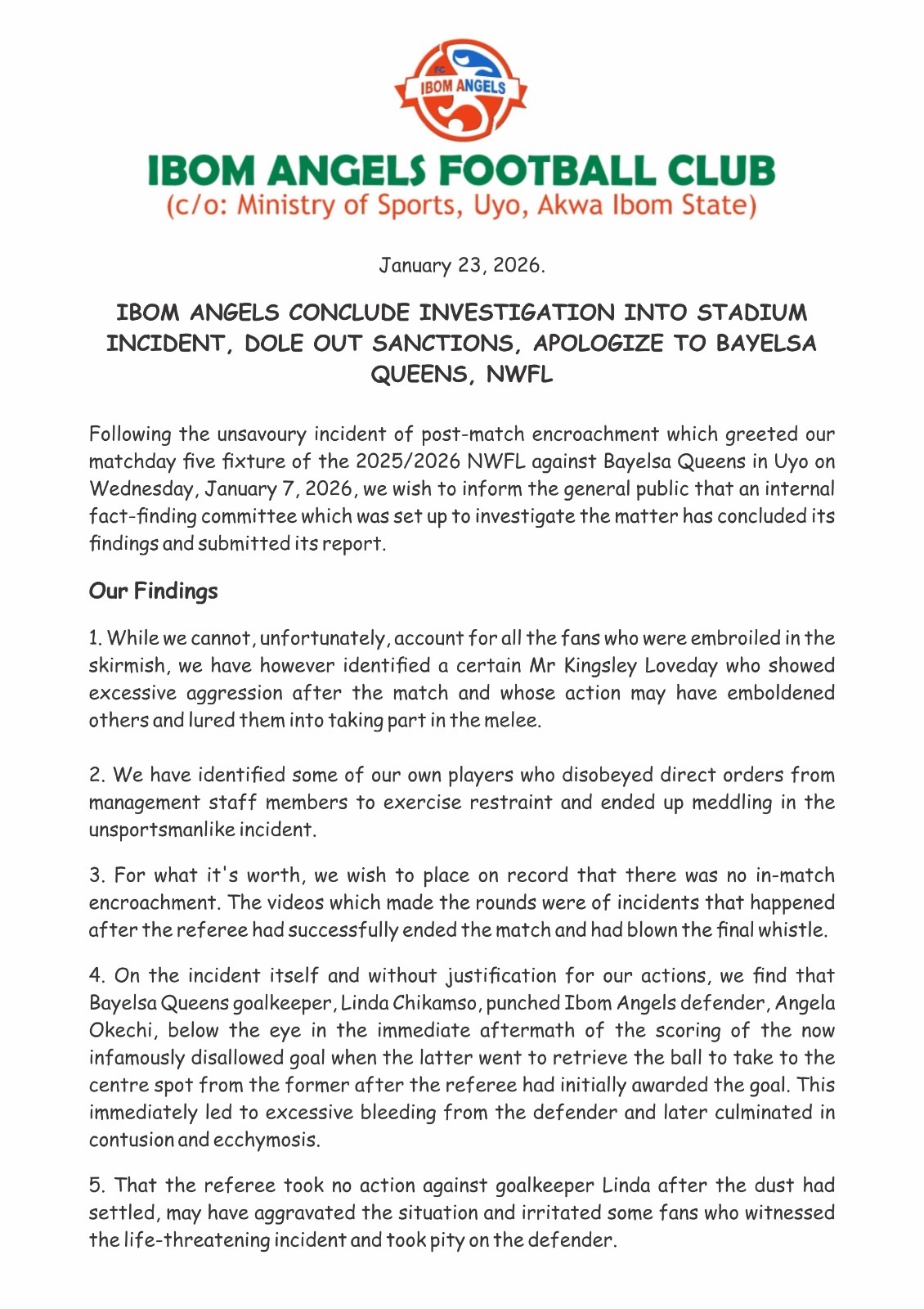 Ibom Angels statement on crowd trouble vs Bayelsa Queens in the NWFL
