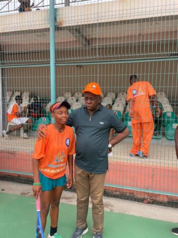 Etoro Bassey and Akwa Ibom Sports Commissioner Elder Paul Bassey after her Tennis Singles final at the 2nd Niger Delta Games